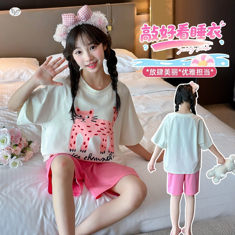 女童睡衣套装2025夏季新款猫咪印花T恤短裤两件套中大童家居服薄，童装家居服（睡衣），祺儿童装