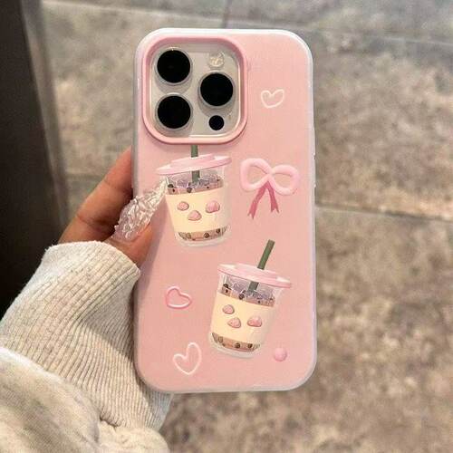 Pink Bowknot Pearl Milk Tea Matte Hard Phone Case 适用 iPhone 17 Pro Max 16 Pro 15 14 Cute Cartoon