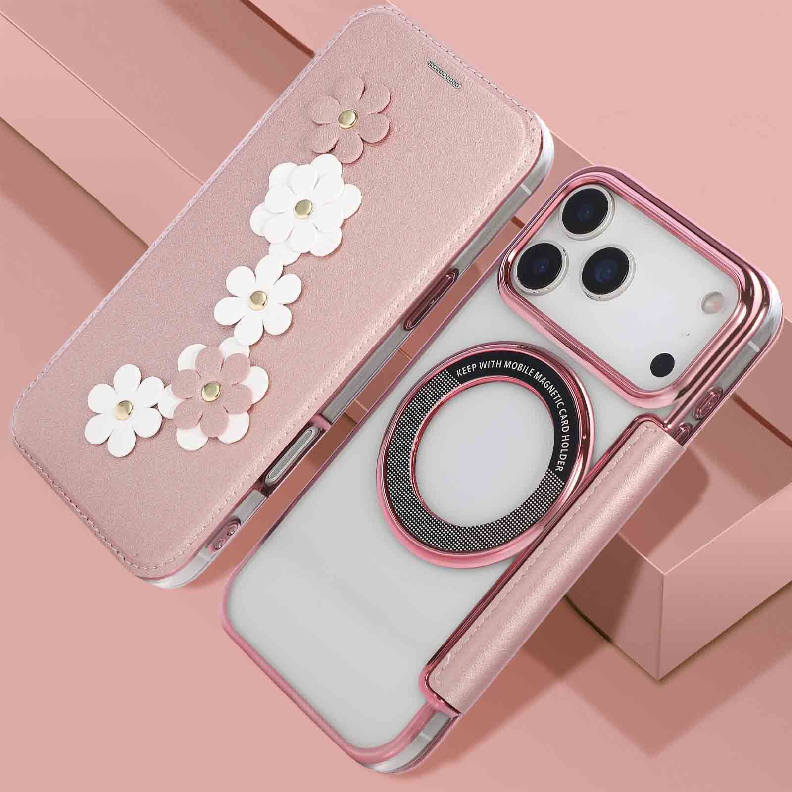 适用iPhone17ProMax女立体花朵翻盖皮套苹果16E电镀透明手机壳15Plus磁吸magsafe保护套ip12/13/14插卡手机套