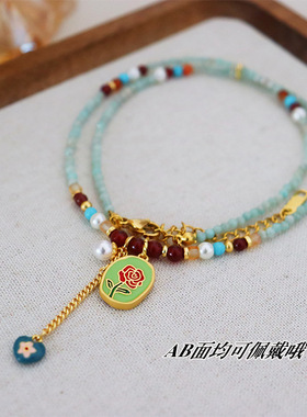 双面原创新中式马花复古彩色滴油天然石串珠项链耳环百搭小众颈链