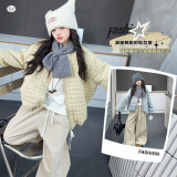女童棉服外套2025年冬季新款中大童珩线格子棉衣加绒阔腿裤两件套，童装外套，祺儿童装