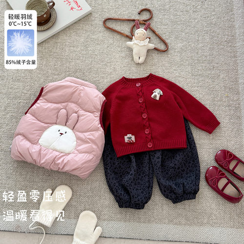 二折撤柜婴儿衣服轻羽马甲女套装秋冬新款洋气一岁女童韩系三件套