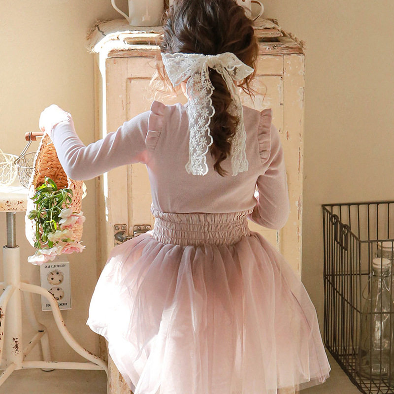 한국 아동복 봄 여아 패션 레이스 커프스 긴팔 면 베이스 레이어 오리지널 아동복