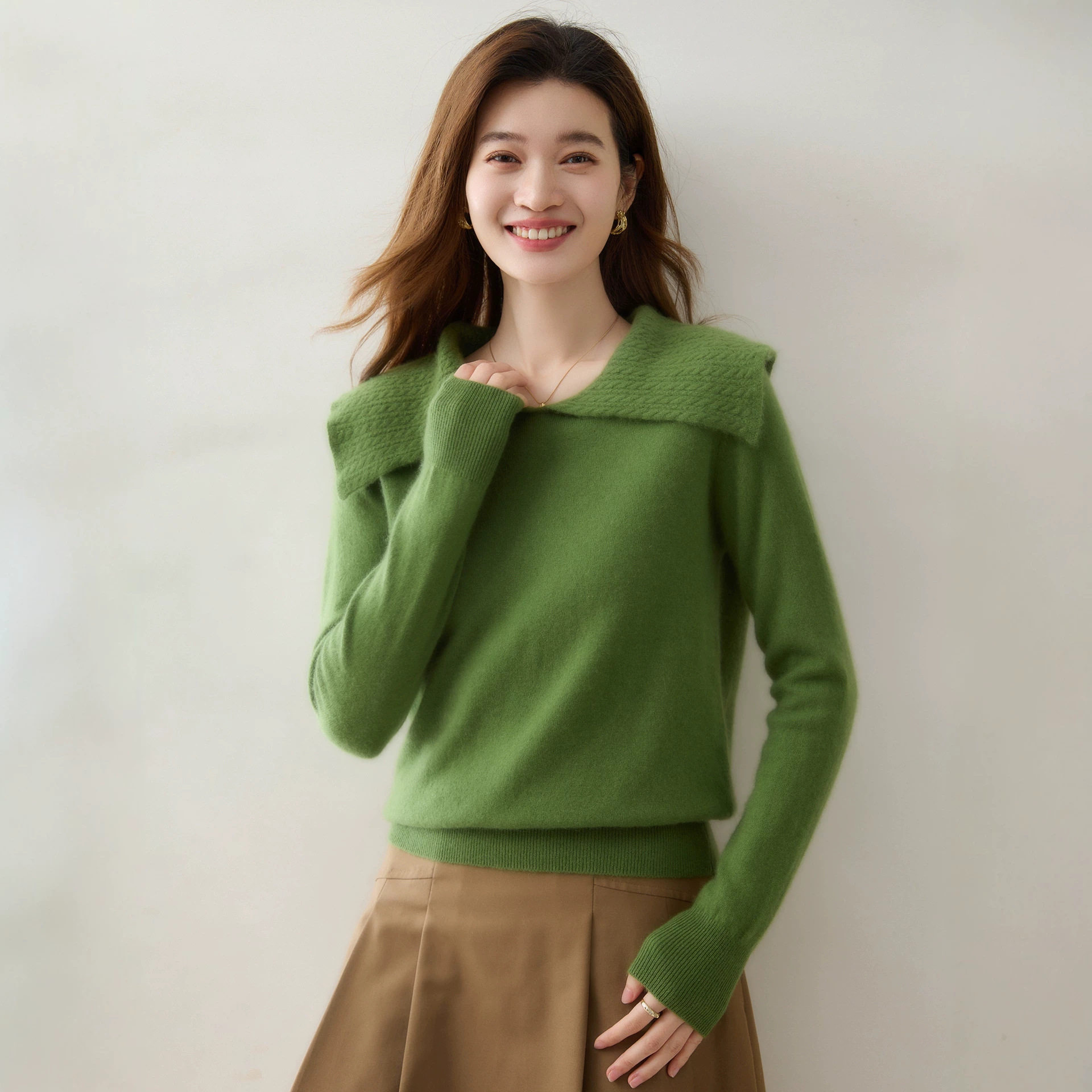 小麻花翻领设计羊绒衫女款长袖套头毛衣纯色韩系百搭简约风针织衫