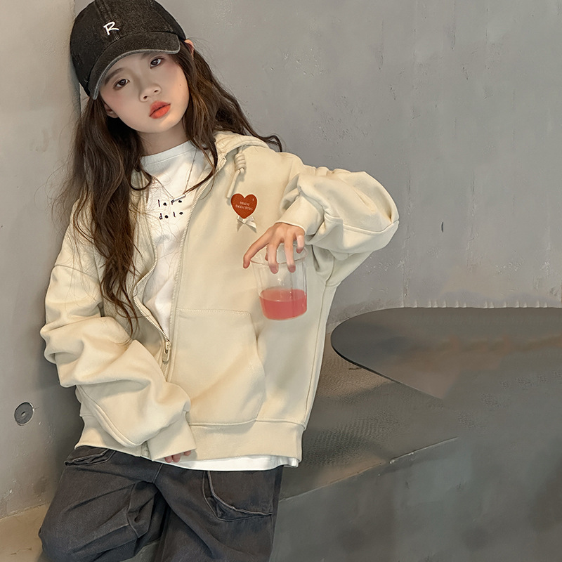 女童外套2025春秋装新款儿童休闲运动风连帽卫衣开衫宽松童装上衣，童装外套，祺妙童装