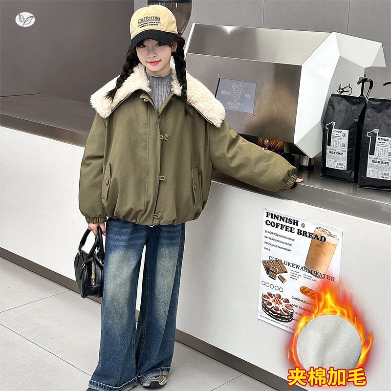 女童夹棉加厚外套2025年冬季新款中大童韩系短款夹克衫中大童上衣，童装外套，祺儿童装