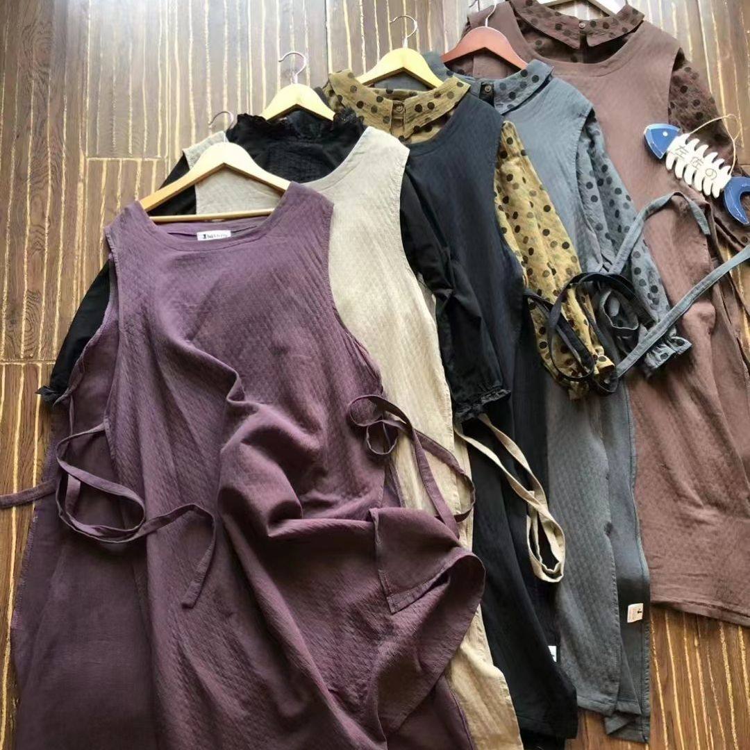 新款7751日系森女叠穿两片式背心裙纯色棉宽松百搭系带罩裙无袖长图片