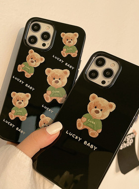 Cute cartoon bear black soft case适用iphone 11 12 13 14 15 16 17 pro max XR XS MAX