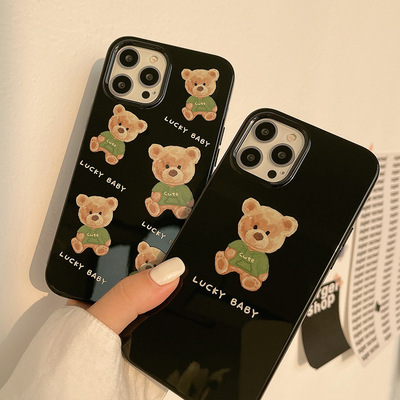 Cute cartoon bear black soft case适用iphone 11 12 13 14 15 16 17 pro max XR XS MAX