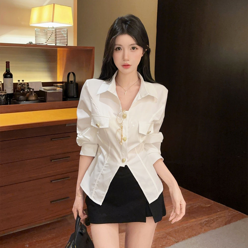 欧美2026跨境外贸简约气质纯色Polo领长袖衬衫上衣女