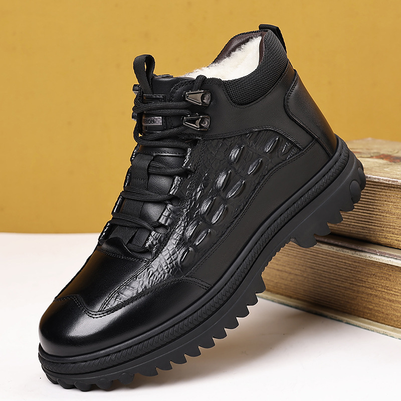 冬季奥伦真皮棉鞋新款休闲系带皮鞋子加厚真羊毛系带保暖鞋男鞋