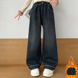 女童复古加绒牛仔裤2025年秋冬新款中大童后袋刺绣阔腿裤直筒长裤，童装裤子，祺儿童装