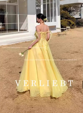 韩式晚礼服2025新款黄色露背影楼服装拍照无袖日常可穿摄影礼服