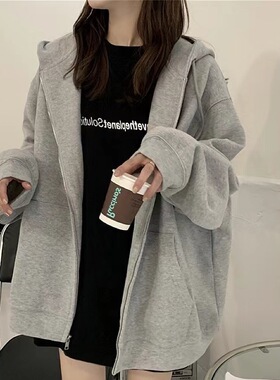 跨境新款春秋新款黑色连帽卫衣女宽松慵懒风加绒chic小众上衣外套