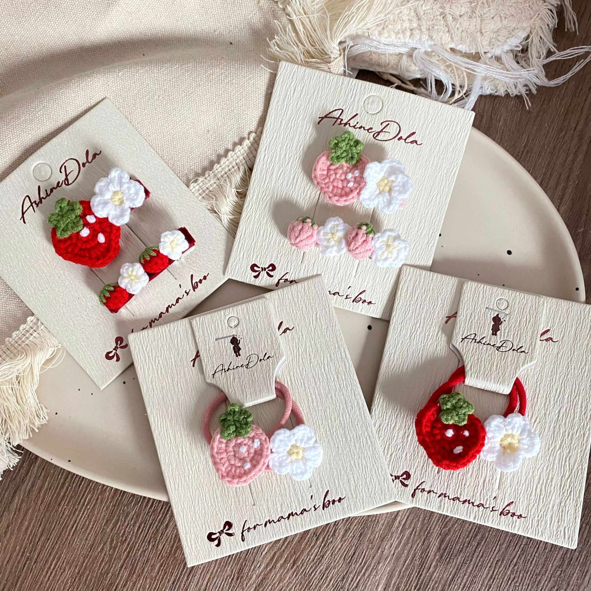 新款手钩甜美草莓花朵儿童发夹发圈发卡边夹皮筋