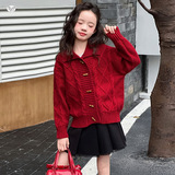 女童加厚毛衣外套2025年秋冬新款牛角扣翻领针织开衫中大童新年服，童装毛衣，祺儿童装
