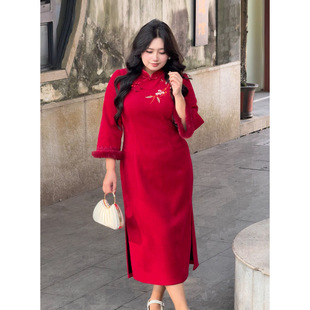 胖MM气质新中式文艺复古连衣裙2025女冬季新款长袖时尚洋气旗袍潮