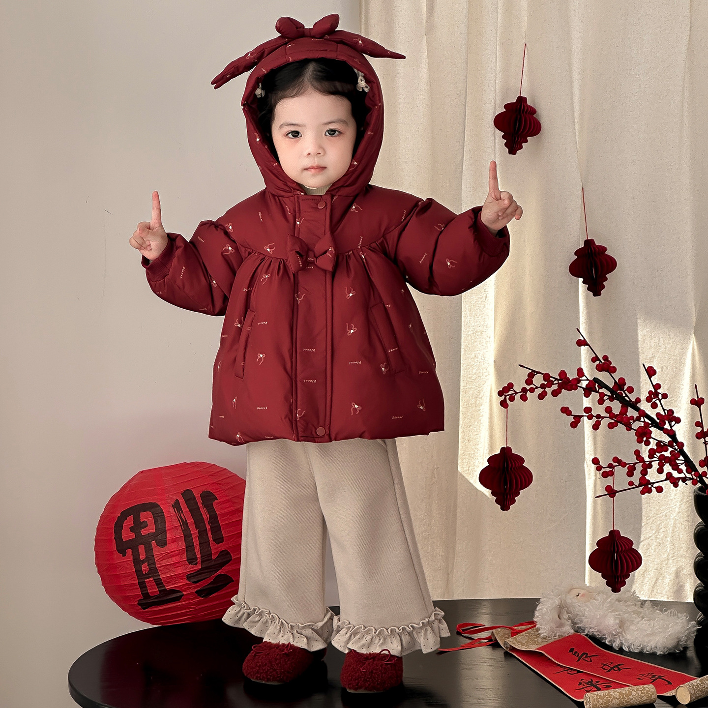 H5269冬季新款婴幼儿夹棉加绒连帽棉衣套装女喜庆保暖