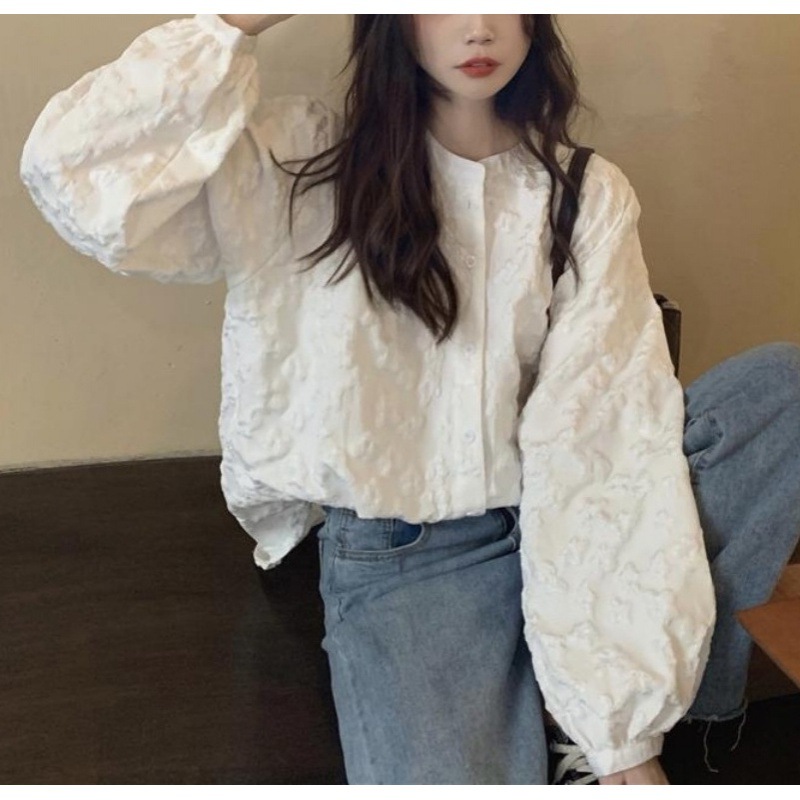灯笼袖上衣女 短款白色衬衫2022春季新款设计感洋气泡泡长袖衬衣