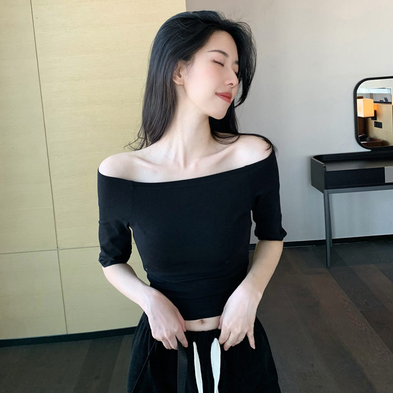 抖音爆款螺纹小圆领打底衫正肩短袖t恤女夏季修身半中袖女装上衣