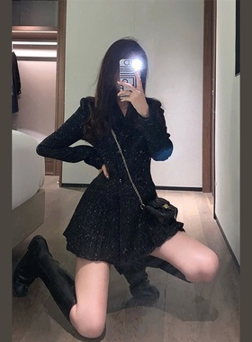 法式复古赫本小香风西装连衣裙2025年新款早秋款女装级感小黑裙