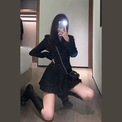 法式复古赫本小香风西装连衣裙2025年新款早秋款女装级感小黑裙