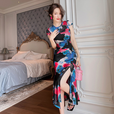 2025夏季新款跨境女装圆领收腰印花开叉连衣裙法式性感长裙20123