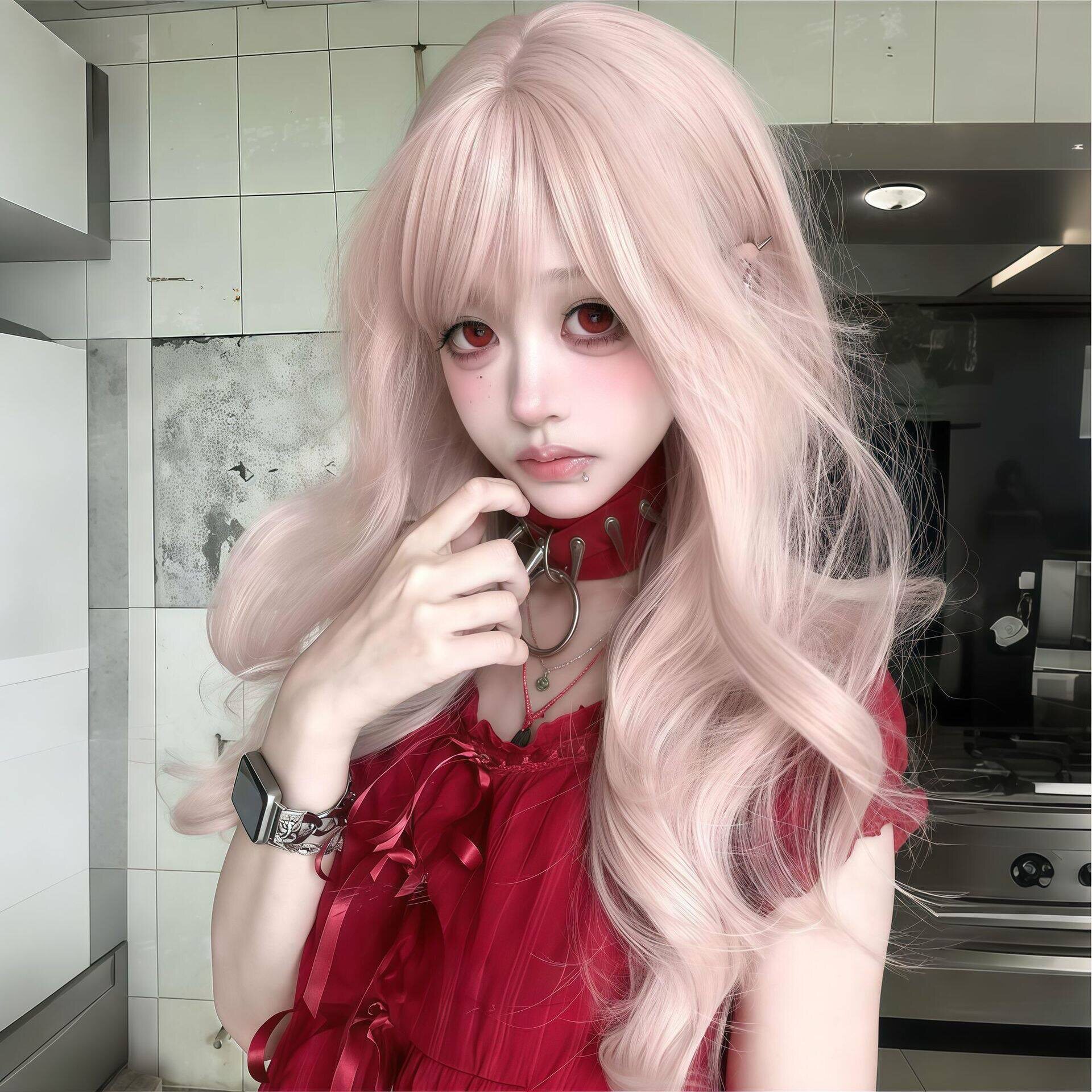 【人间水蜜桃】气质假发女大波浪长卷发粉金色齐刘海假发整顶全头