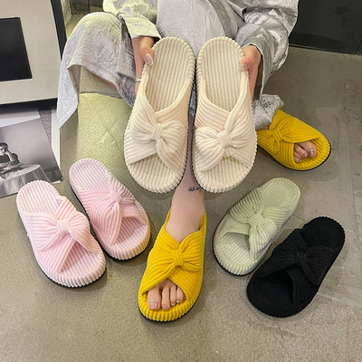 蝴蝶结居家软底舒适拖鞋女灯芯绒