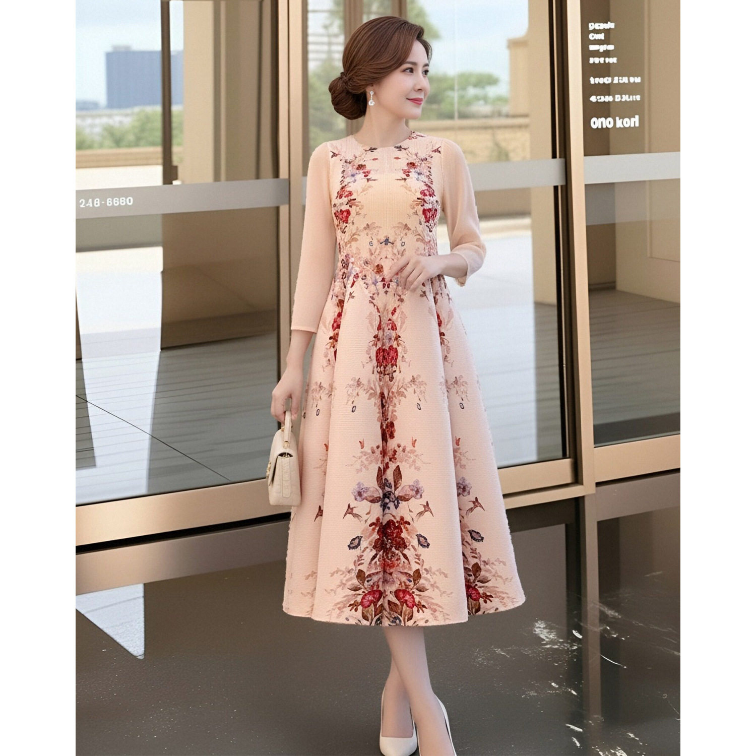 新中式妈妈装婚宴礼服春装新款宽松显瘦洋气复古印花七分袖连衣裙