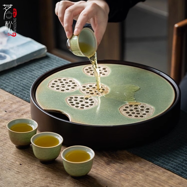 苍翠烧家用可蓄水茶盘现简约干泡茶台茶托盘陶瓷圆形茶海沥水盘