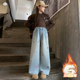 女童加绒牛仔裤2025年秋冬新款休闲卡通刺绣阔腿裤中大童修身长裤，童装裤子，祺儿童装