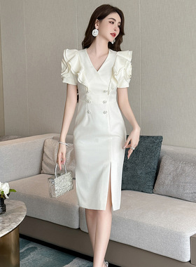 2025夏季新款女装通勤气质双排扣花瓣泡泡袖修身包臀连衣裙50941