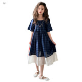 女童连衣裙夏季2025新款湖州织里童装蓝格子拼接裙子棉布公主裙潮，商品下架区，祺儿童装