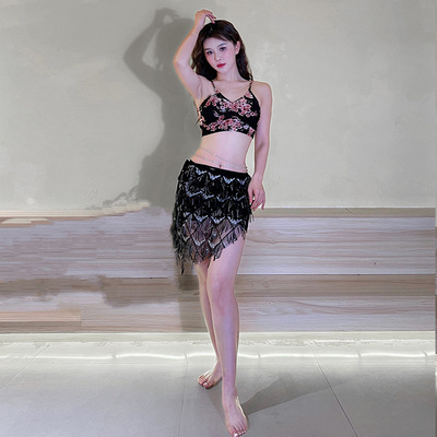 2024蝶际新款肚皮舞练功服豹纹莫尔上衣肚皮舞流苏臀巾腰巾