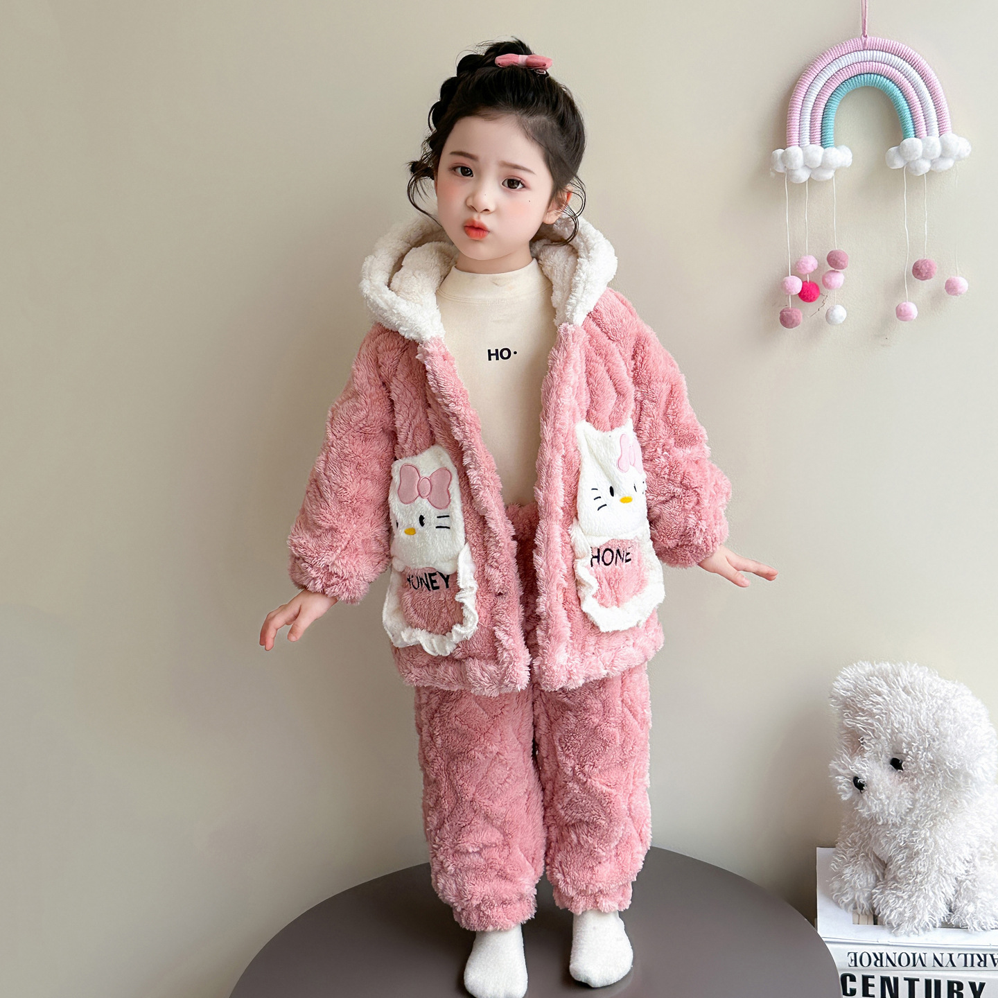 女童加绒加厚家居服套装2025新款冬季卡通猫咪外穿睡衣两件套P115，童装家居服（睡衣），祺妙童装