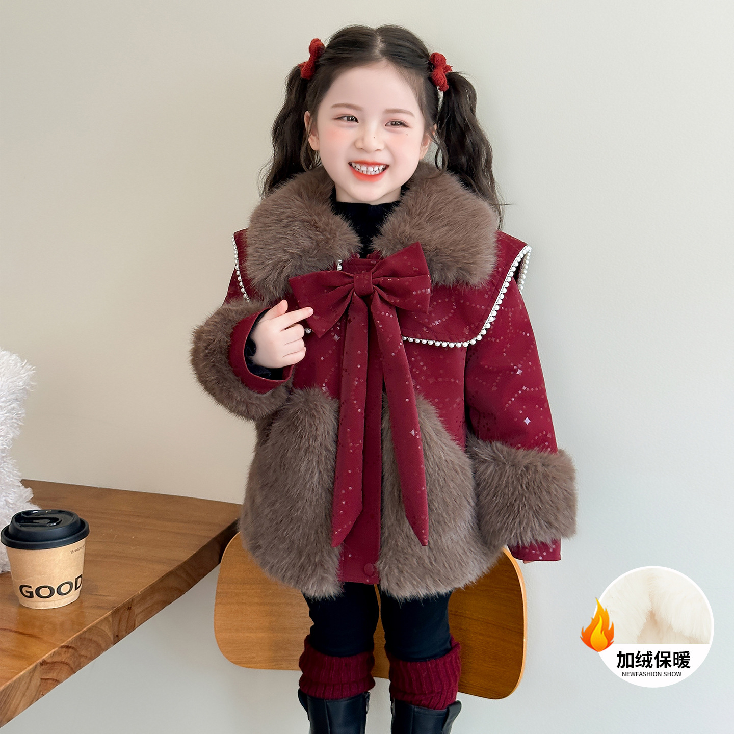 女童加绒外套冬季2025新款韩版女仿皮草上衣儿童冬装毛毛衣潮P105，童装外套，祺妙童装
