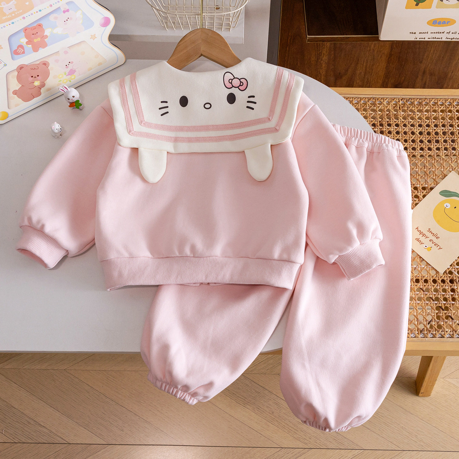 女童衣服套装运动两件套春秋洋气小女孩休闲粉色猫咪可爱外套裤子