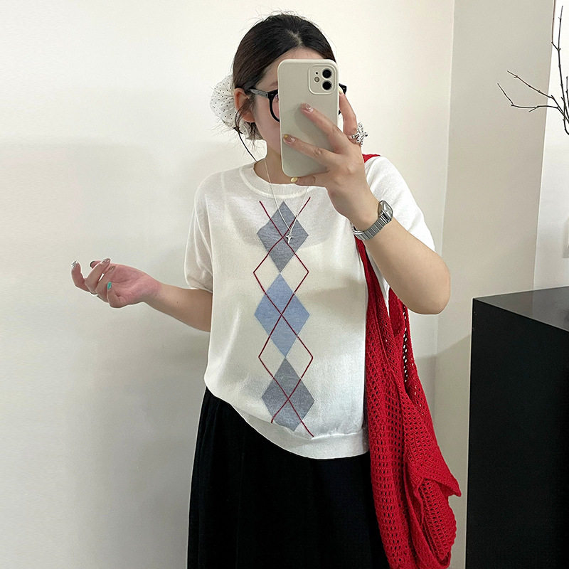 23982大码女装撞色菱形格上衣女圆领针织衫2026夏胖mm休闲短袖t恤