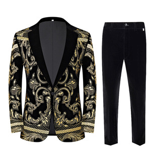 重工满绣西装礼服男士礼服晚会主持歌手时尚刺绣丝绒演出西服套装