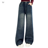 女童秋冬加绒牛仔裤2025年新款中大童刺绣阔腿裤百搭修身长裤冬装，童装裤子，祺儿童装