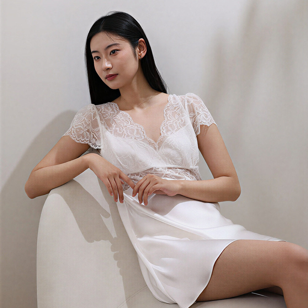 真丝睡衣女士夏季桑蚕丝白色显廋蕾丝短袖性感露背睡裙短裙家居服