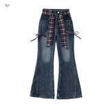 女童2025年冬季新款侧接格子拉条牛仔喇叭裤女大童个性时尚阔腿裤，童装裤子，祺儿童装