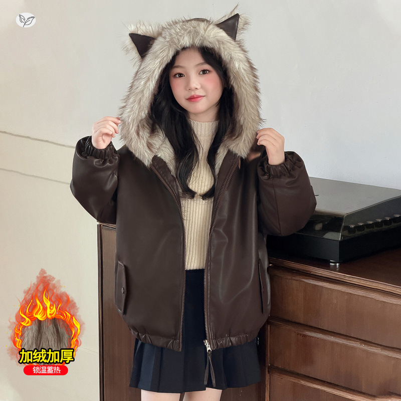 女童加绒加厚皮衣外套2025年冬季新款中大童双面穿猫耳夹克衫棉服，童装夹克，祺儿童装