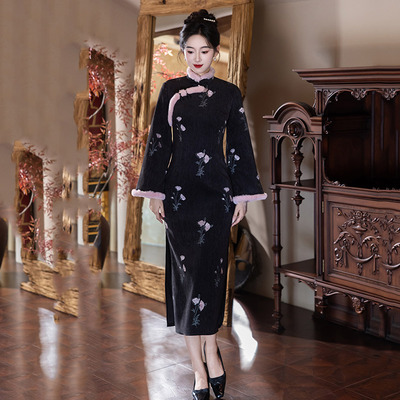 刺绣黑色加绒国风苏州长袖改良旗袍冬季厚款女新中式2025新款秋冬