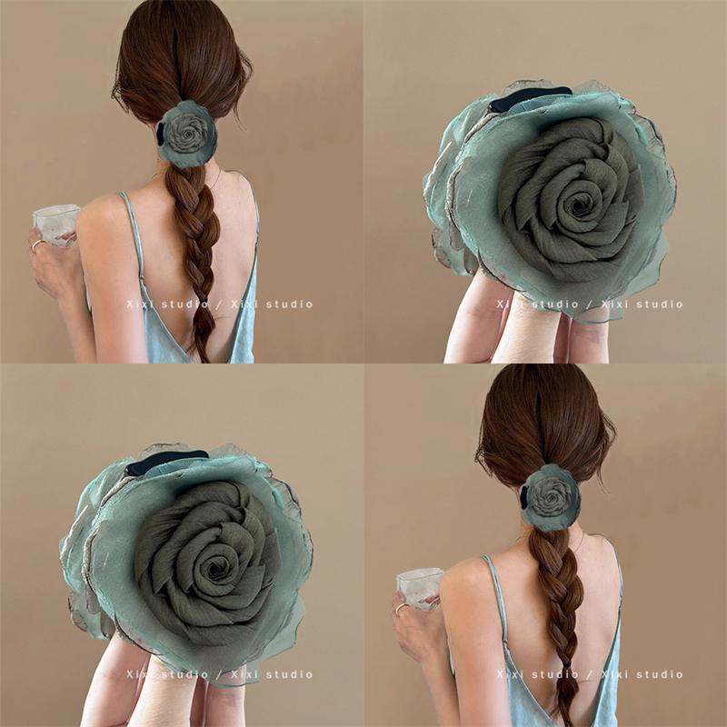 蝶生落花！墨绿色玫瑰花抓夹时尚鲨鱼夹后脑勺发抓女盘发器级感