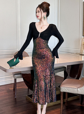 年会晚礼服2025秋冬装新款法式V领喇叭袖修身鱼尾亮片连衣裙91375