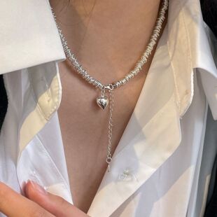 s925纯银重工碎银子爱心项链女ins小众新款时尚钱串子圈圈锁骨链