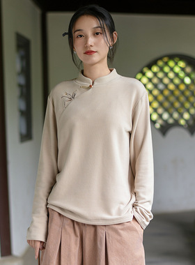 6333新中式女装2024秋冬新款半领德绒打底衫女外穿刺绣国风内搭