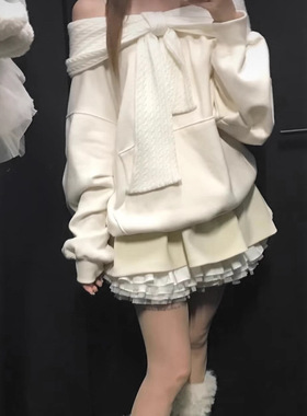 TheTis现货25秋冬款韩国东大门纯色一字肩拼接针织蝴蝶结连帽卫衣